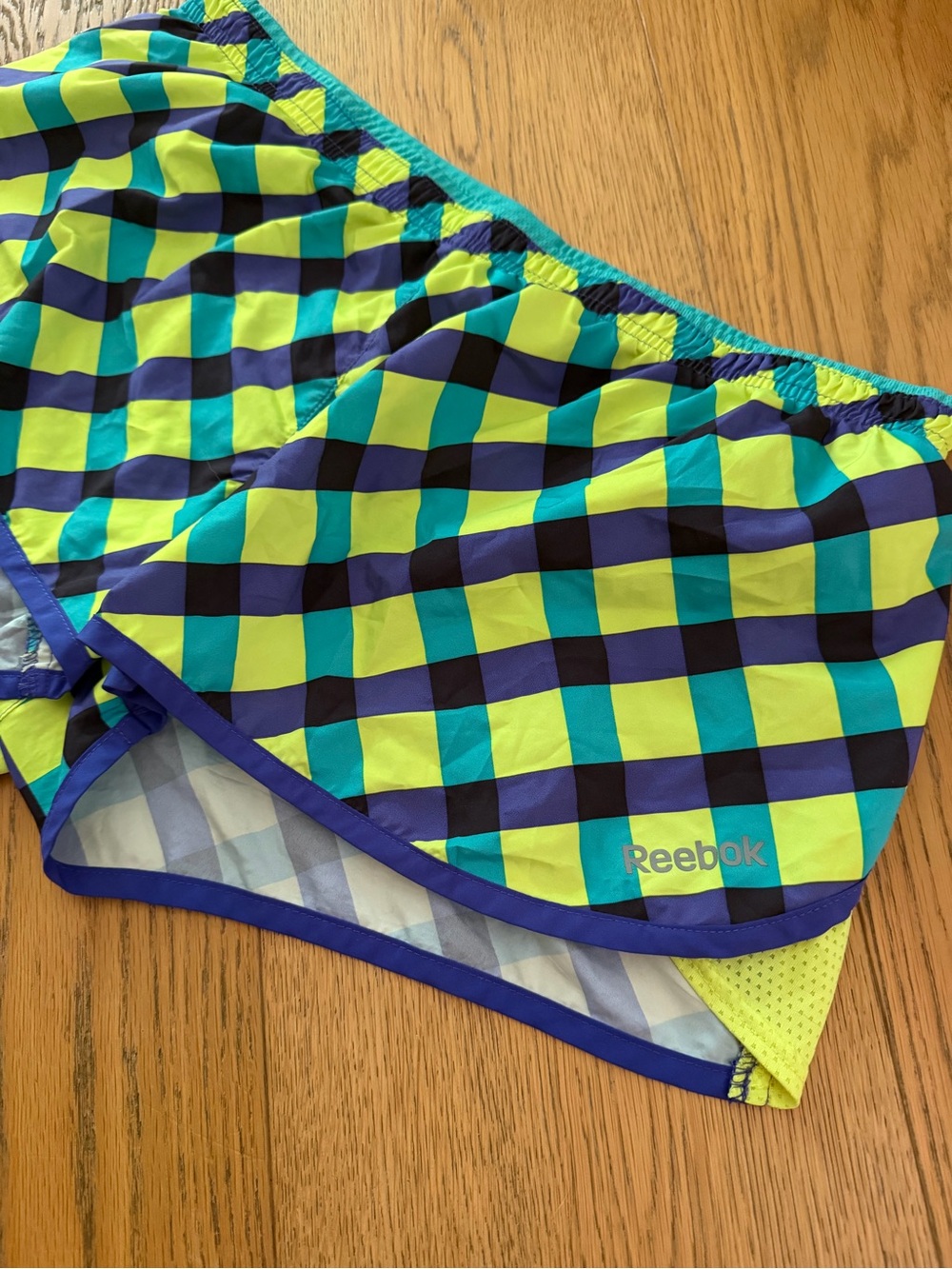 Reebok PlayDry Checkered Running Shorts — Neon Lime, Teal & Purple — Size M